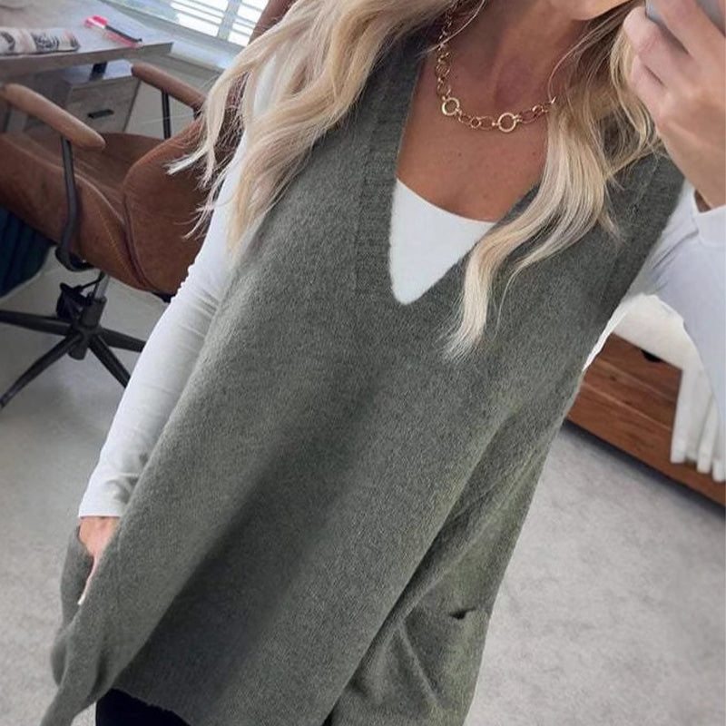Carole™ - Gilet Tricot Sans Manches avec Poches et Col en V