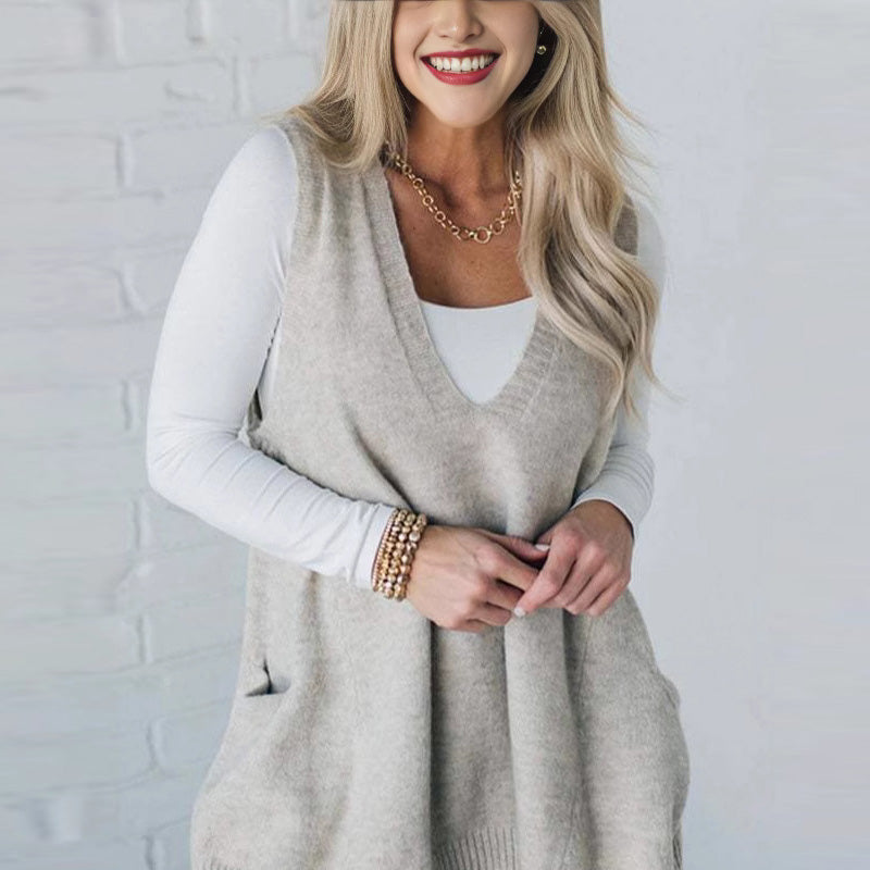 Carole™ - Gilet Tricot Sans Manches avec Poches et Col en V