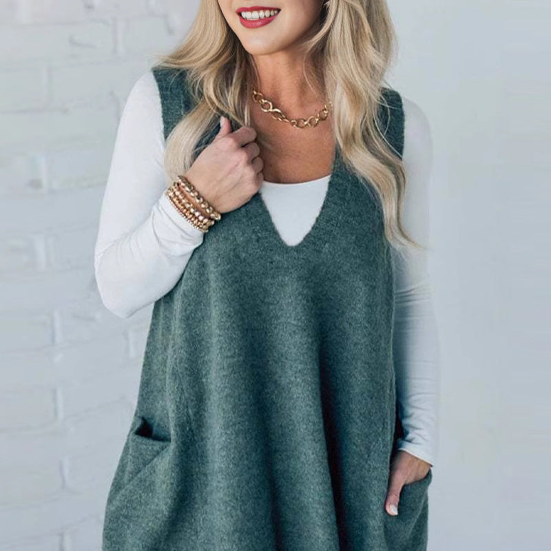 Carole™ - Gilet Tricot Sans Manches avec Poches et Col en V